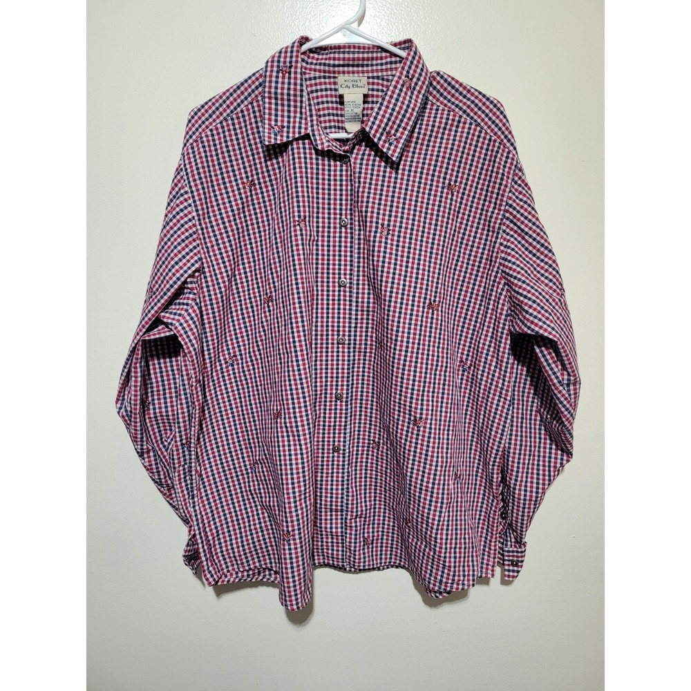 Vintage‎ Koret City Blues Button Down Shirt Womens XL Red Blue Gingham Floral